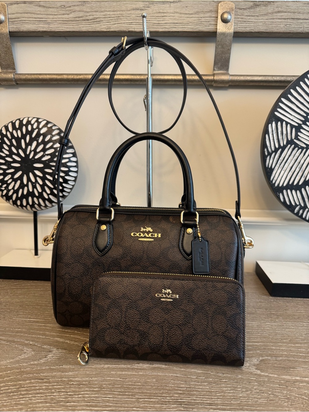 Coach Rowan Dark Brown Signature Satchel with Zip Wallet